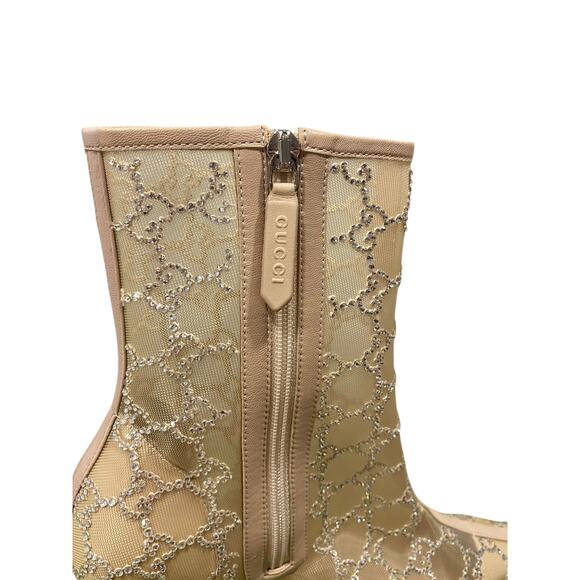 Gucci Demi Crystal GG Logo Mesh Pointed Toe Ankle Boot Tan Nude 85mm - Picture 5 of 9